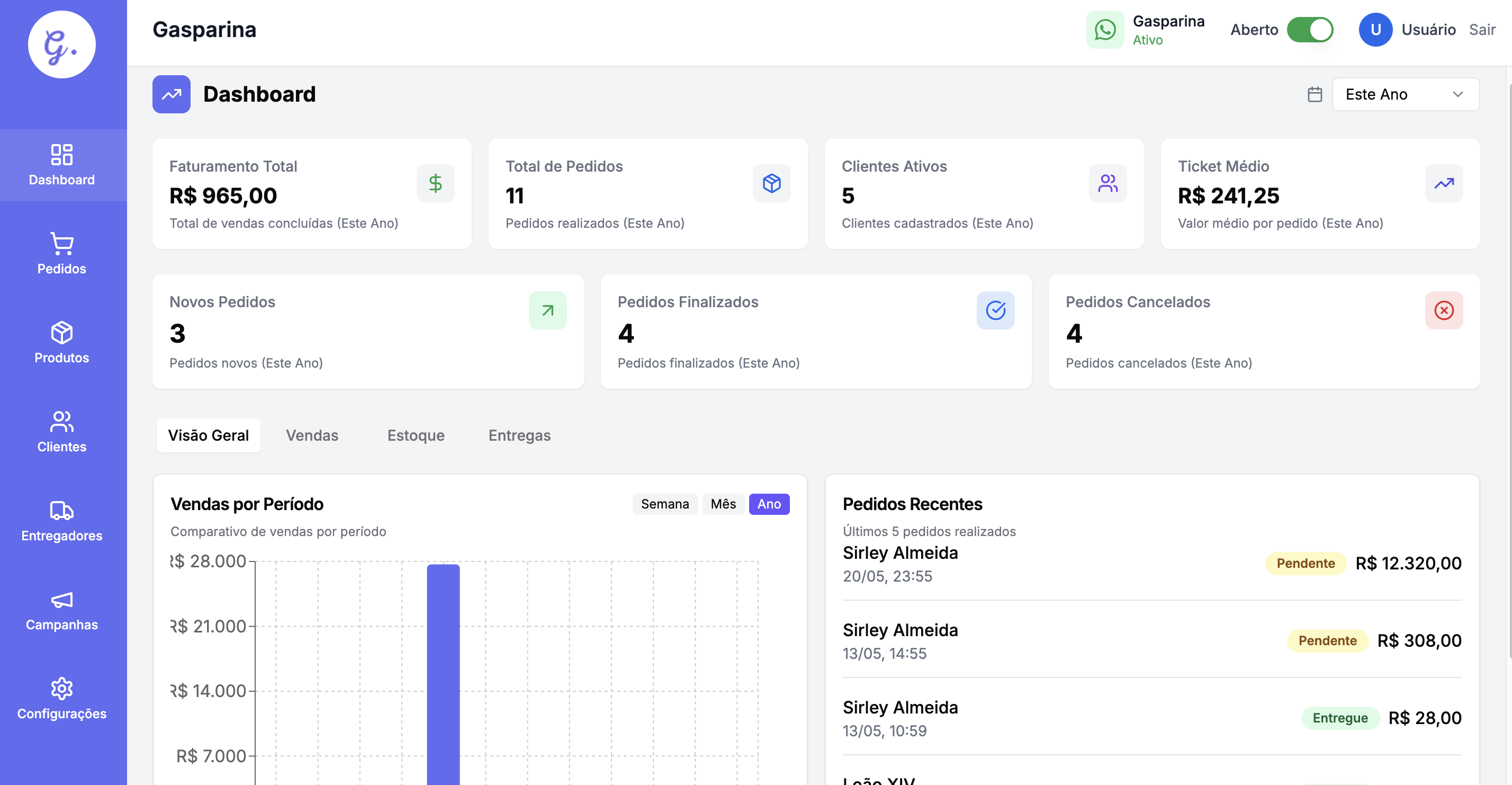 Dashboard Gasparina - Gestão completa para revendas